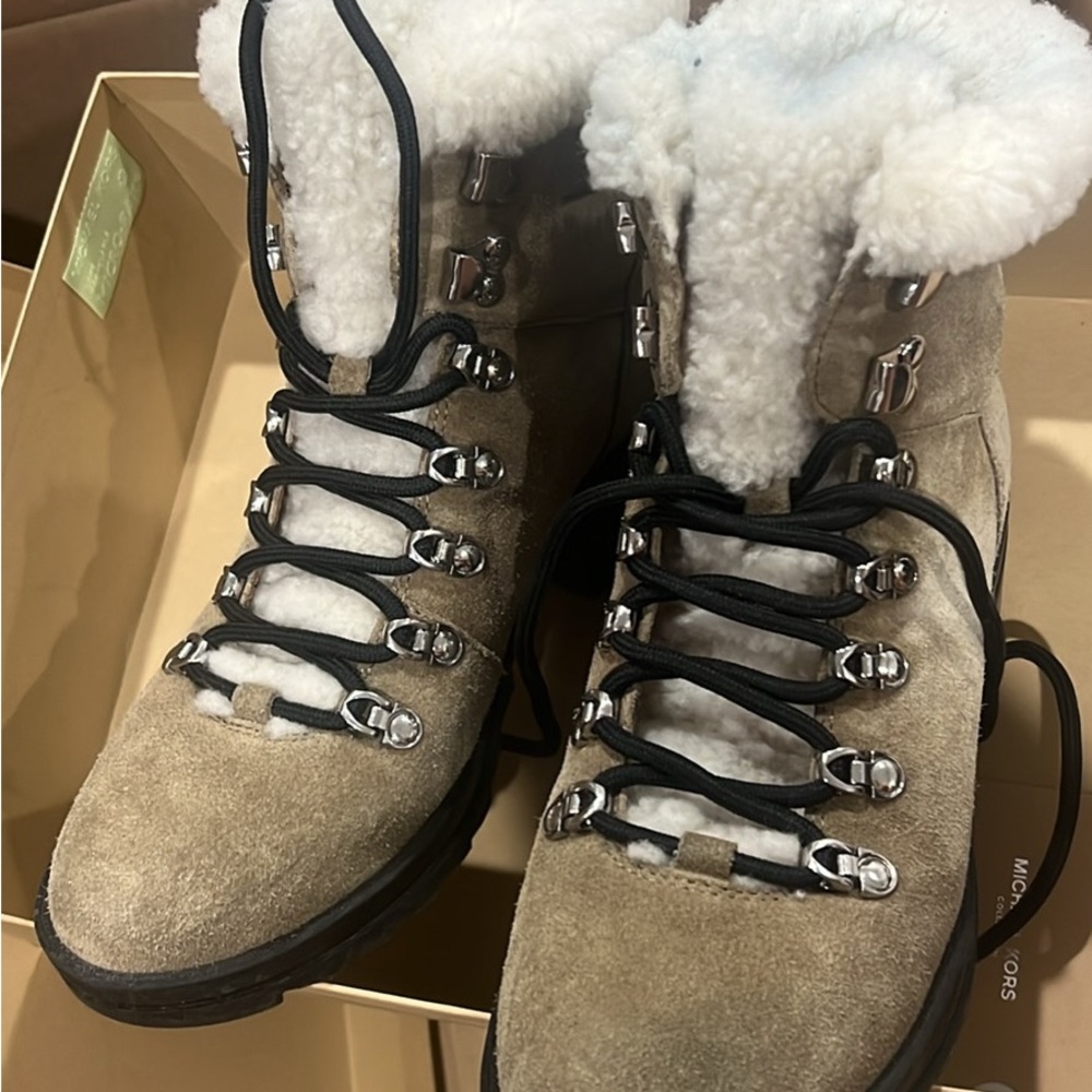 Marc Fisher Tan Suede Shearling Combat Boots
